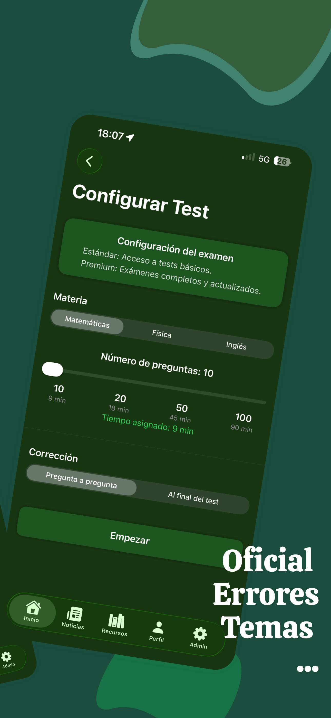 Pantalla de configuración de test con selección de materia y número de preguntas