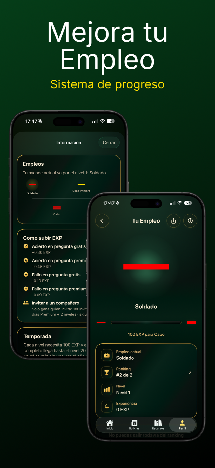 Pantalla de progreso y empleo con niveles y experiencia en TuEscala