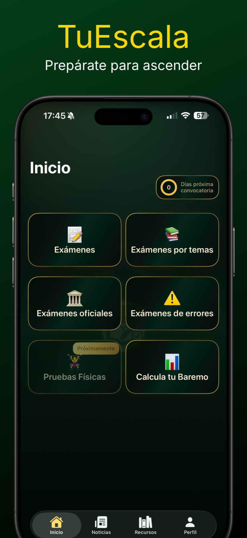 Pantalla de inicio de TuEscala con tarjetas y bordes dorados