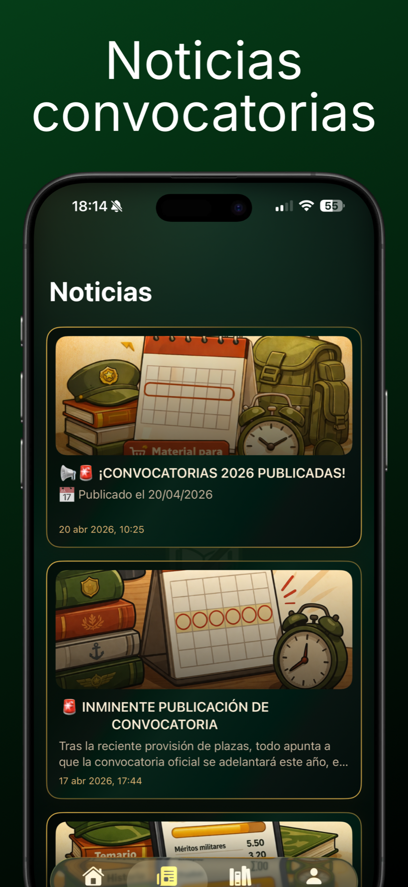 Pantalla de noticias y convocatorias de TuEscala con tarjetas informativas