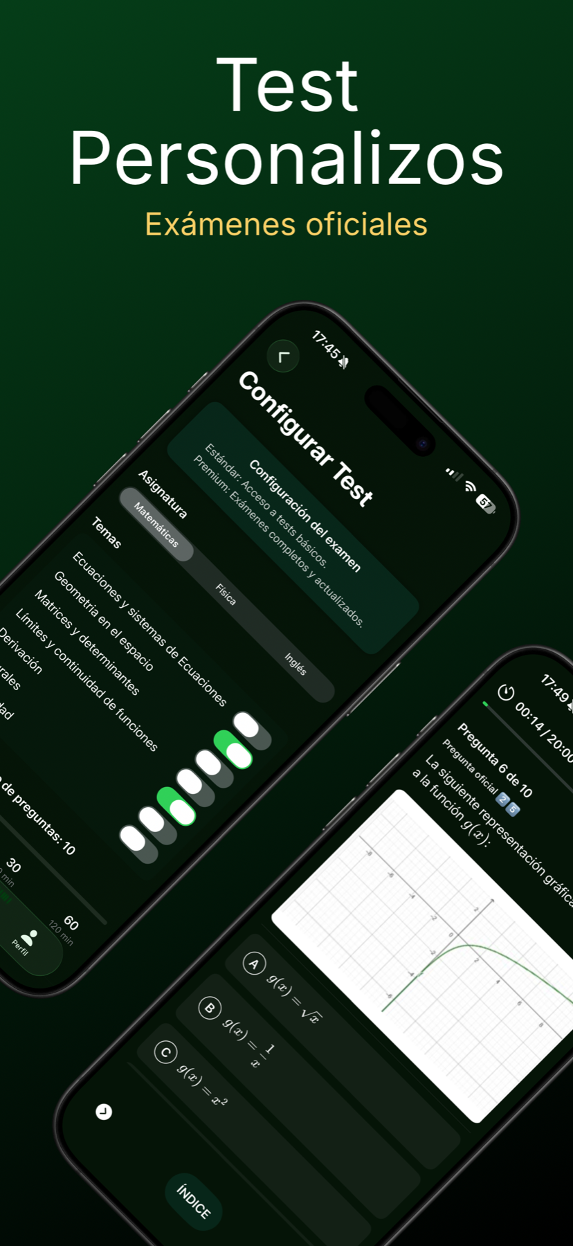 Pantalla de test personalizados de TuEscala con configuración de examen oficial